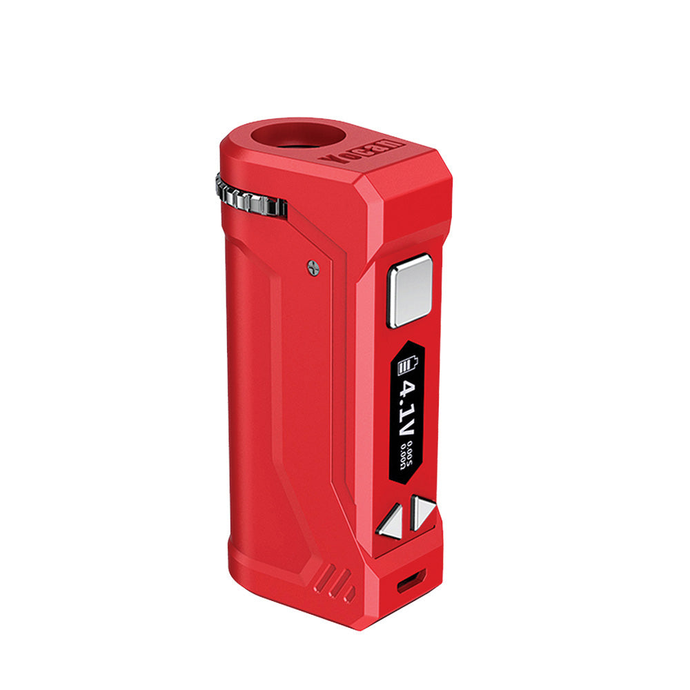 A front-profile view of the Yocan UNI Pro in Red. The device features a vibrant, eye-catching red body that contrasts with the black adjustment dials and screen interface. This shot showcases the compact, ergonomic design and the 510 cartridge chamber.