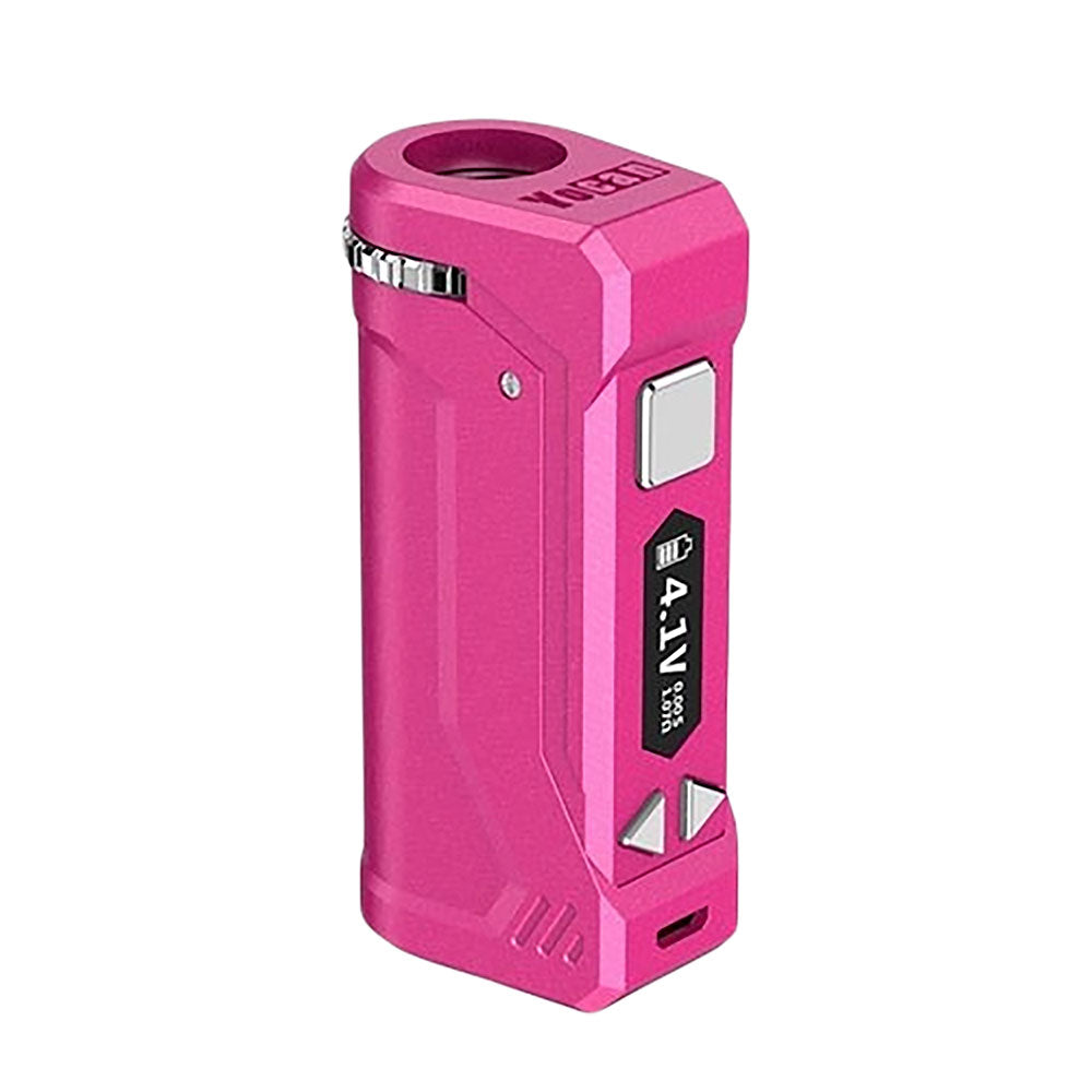 A studio shot of the Yocan UNI Pro in Rosy. The device features a vibrant, deep pink matte finish that highlights its modern, sharp-edged chassis. This angle showcases the digital OLED interface, the tactile silver adjustment buttons, and the top-mounted aperture dial for secure cartridge housing.