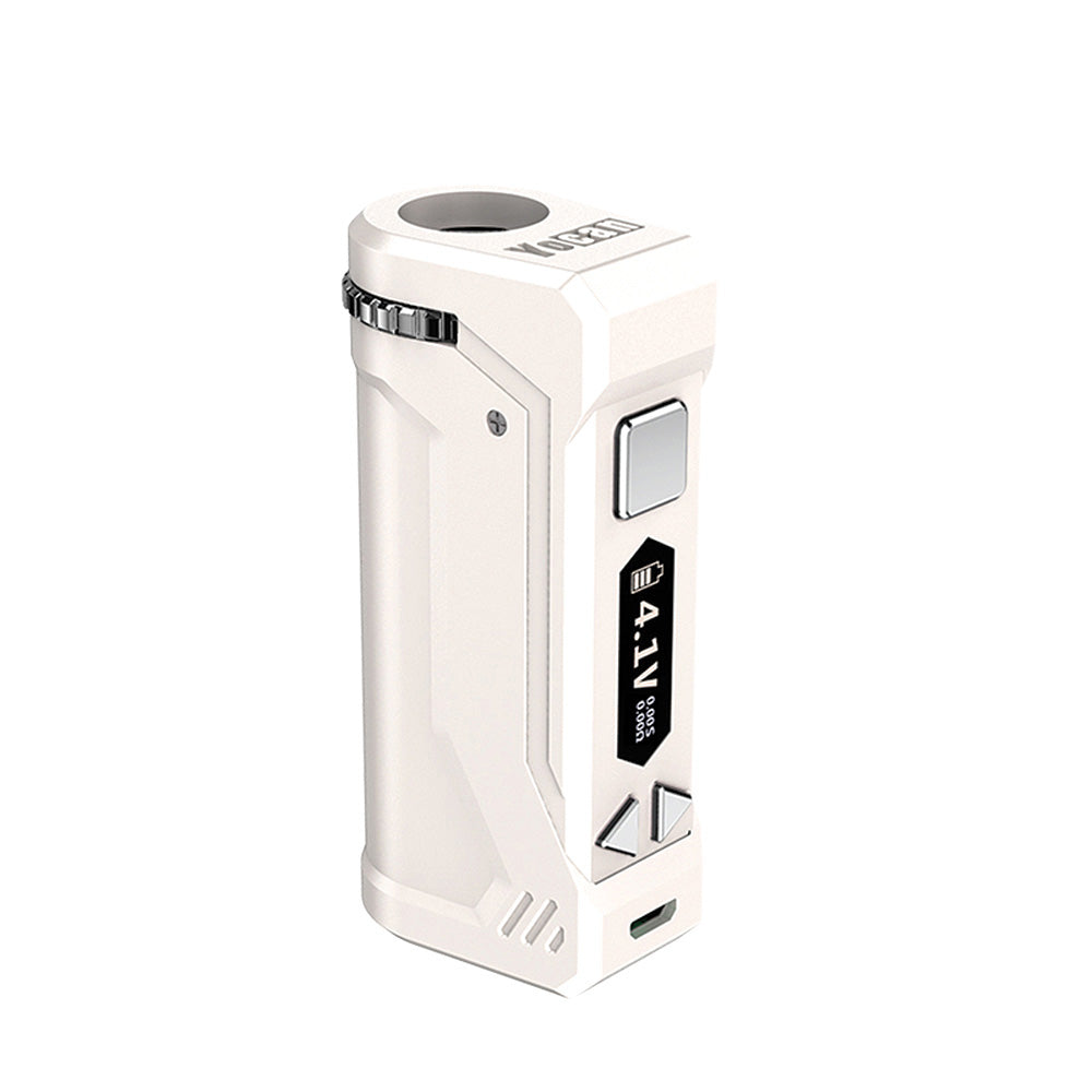 A front-facing studio shot of the Yocan UNI Pro in White. The device features a crisp, matte white finish that highlights its modern, angular chassis and silver hardware. The OLED interface is active, displaying the precision voltage settings and battery life against the clean, bright body.