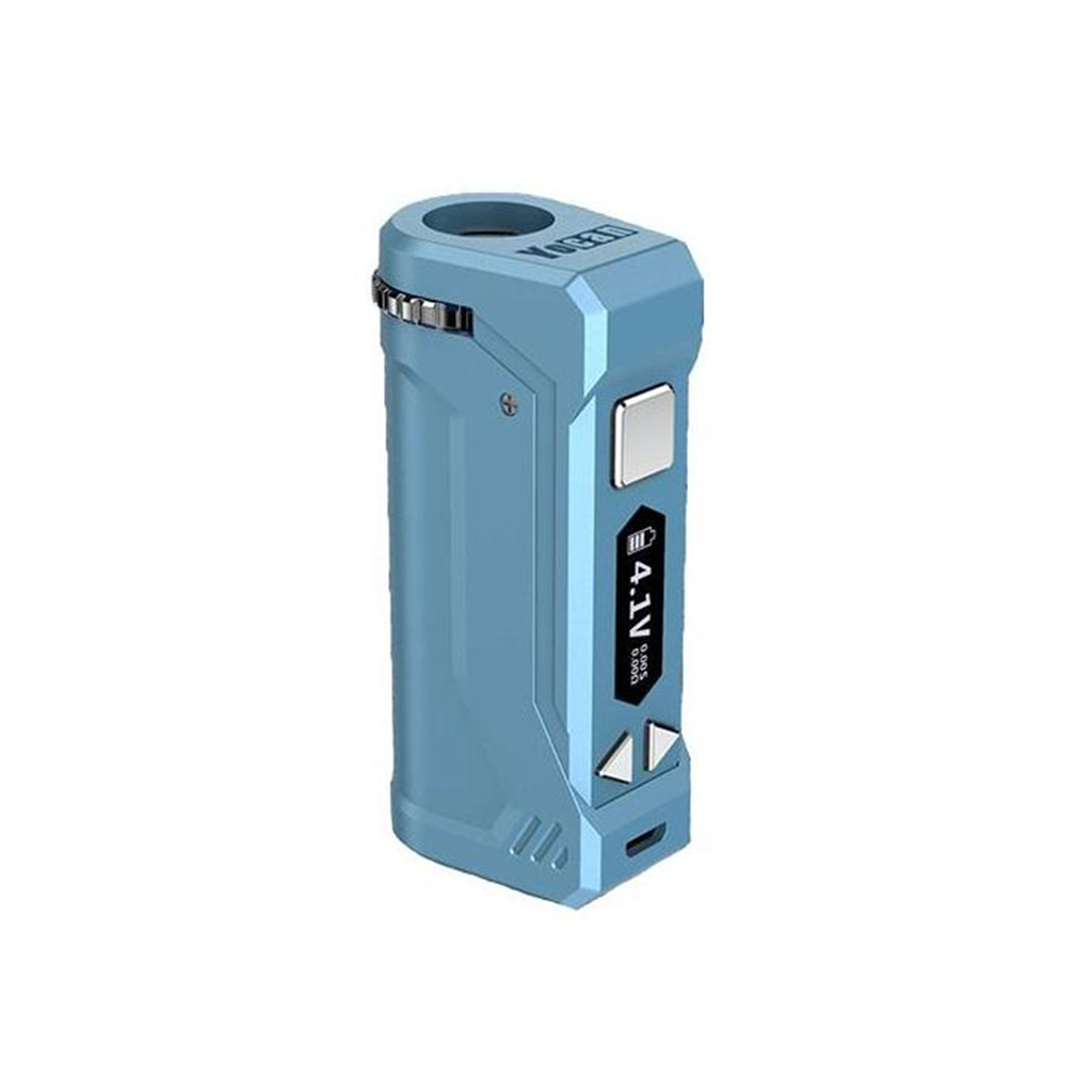 Yocan UNI Pro in Airy Blue, featuring a 650mAh high-capacity battery and micro-USB charging port for long-lasting portable sessions.