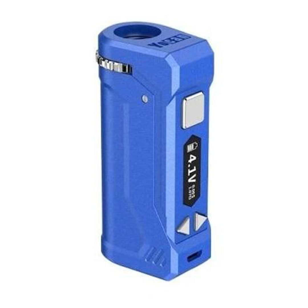 Yocan UNI Pro in Blue, featuring a 650mAh high-capacity battery and micro-USB charging port for long-lasting portable sessions.