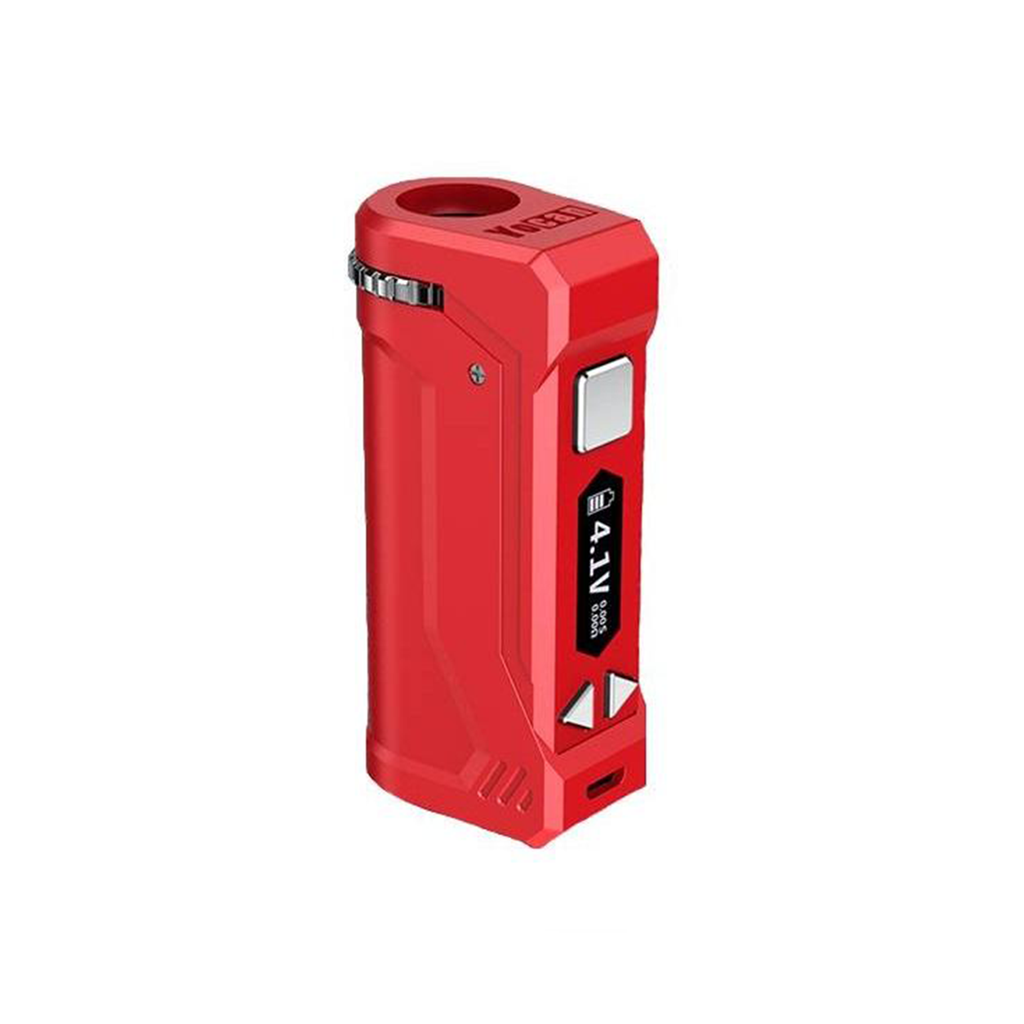 Yocan UNI Pro in Red, demonstrating the side-mounted adjustment sliders that allow for complete cartridge concealment and protection.