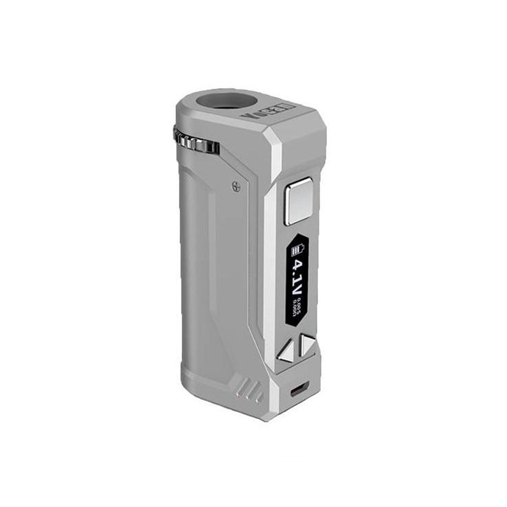 Yocan UNI Pro in Silver, showcasing the crisp OLED display for real-time voltage tracking and battery life monitoring.