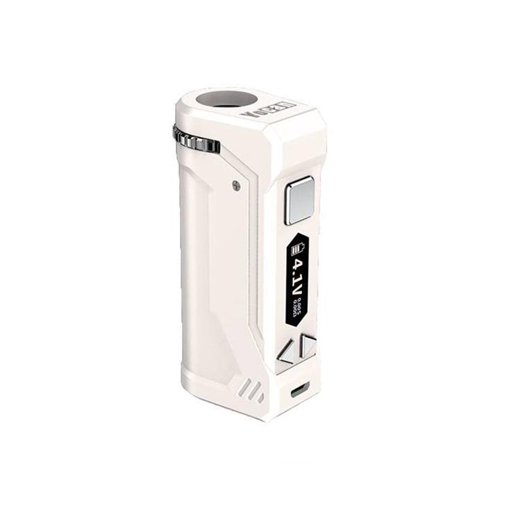 Yocan UNI Pro in White, highlighting the ergonomic box mod design and precise variable voltage range from 2.0V to 4.2V.