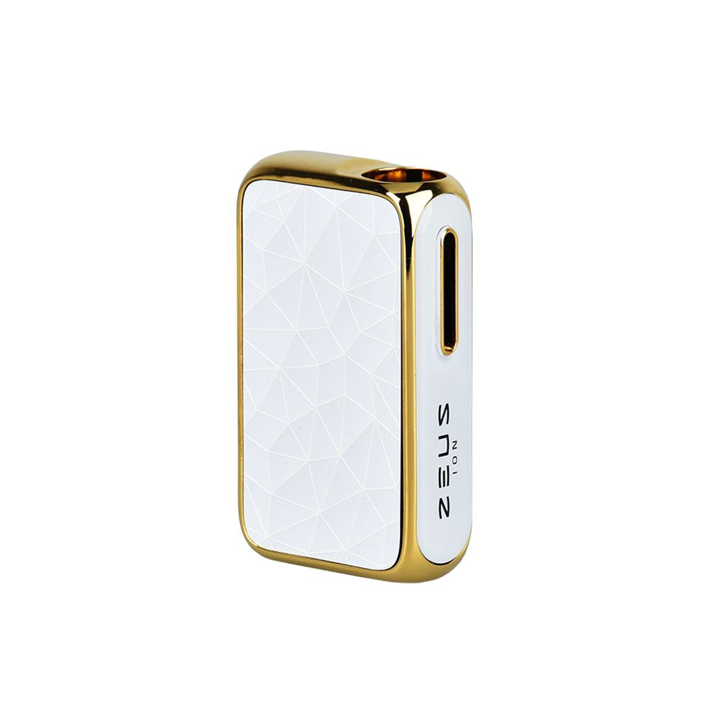 A clean, front-angle studio product shot of the Zeus Ion 510 vape battery in White and Gold. The device showcases its premium, glossy white geometric chassis paired beautifully with polished metallic gold trim and accents, displaying an empty concealed cartridge port.