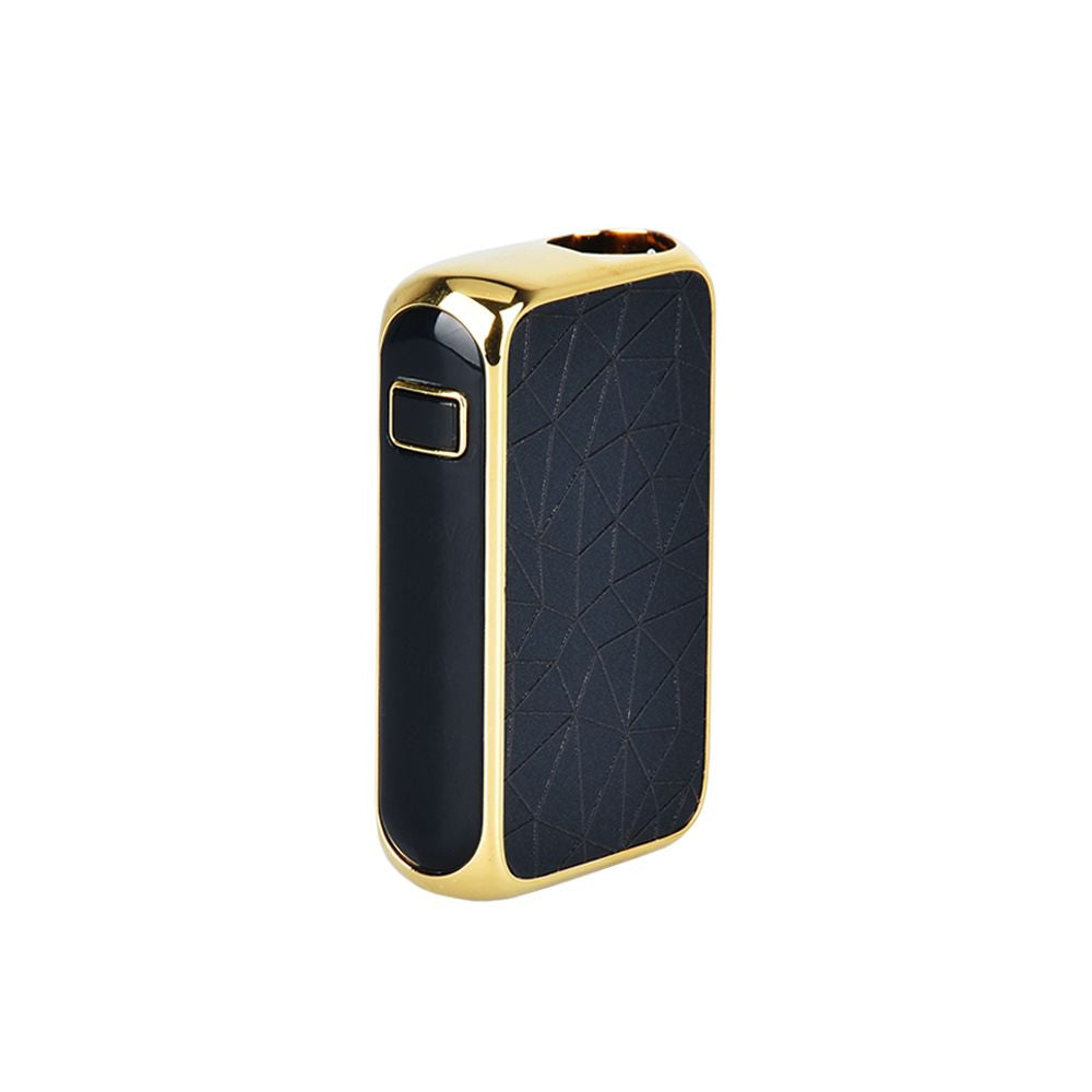 A crisp, front-angle studio profile shot of the Zeus Ion vape battery in Matte Black and Gold, shown empty without a 510 cartridge installed. This perspective focuses explicitly on the side control panel of the device, highlighting the sleek gold tactical activation button and the vertically aligned multi-color LED temperature indicators set into the geometric black chassis.