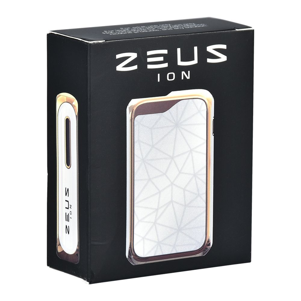 A straight front-facing studio shot of the official Zeus Ion retail packaging. The sleek, premium black cardboard box features a clean product graphic of the device, minimalist white typography highlighting key technical specifications, and the distinct gold Zeus insignia.