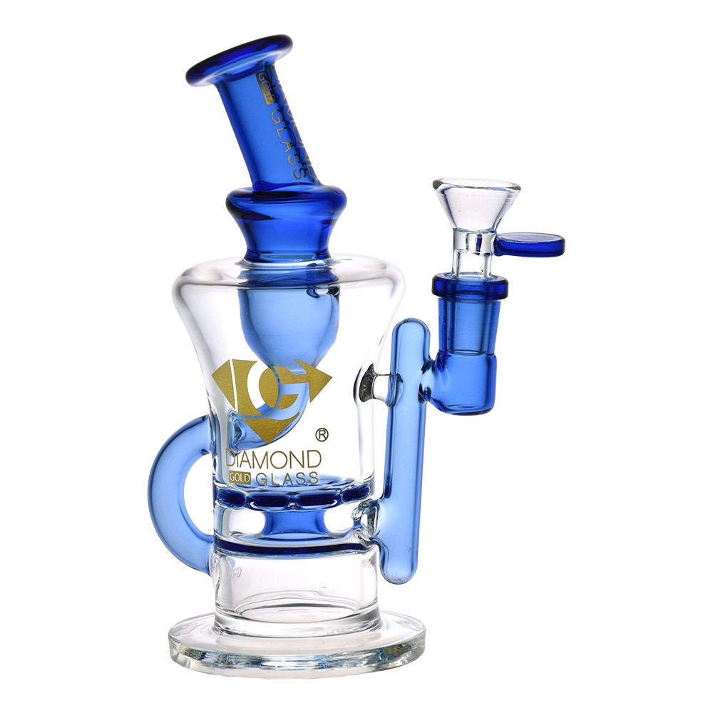 Diamond Glass Gold Ratchet Perc Recycler Water Pipe - 7.75" / 14mm F