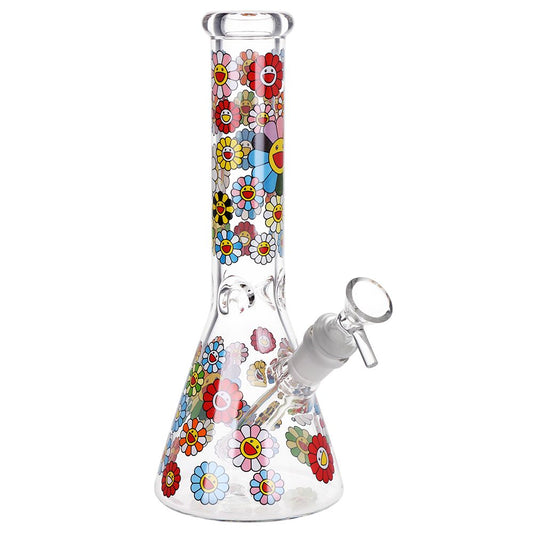 Smiling Flowers Beaker Glass Water Pipe - 10" / 14mm F