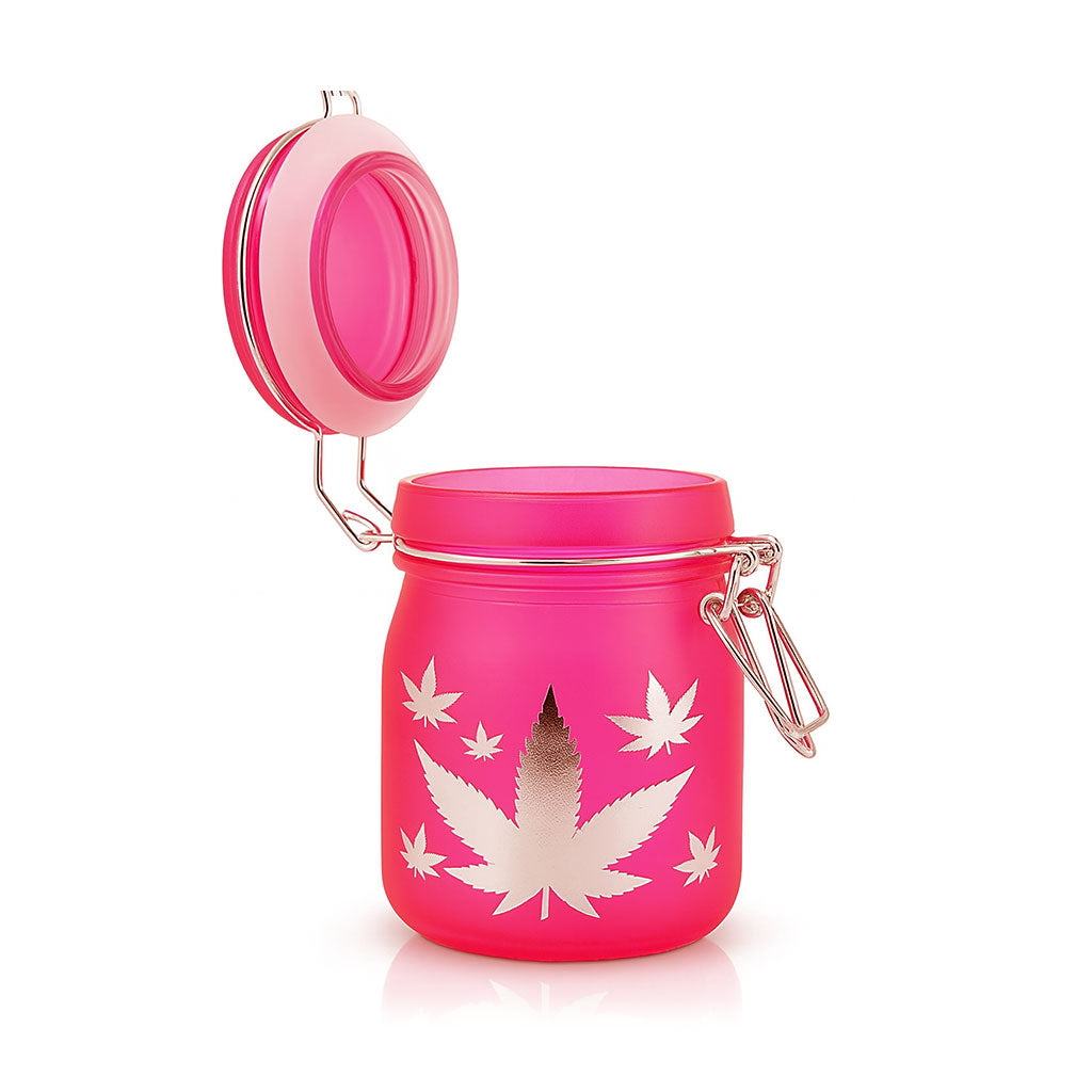 AIRTIGHT GLASS SILVER LEAVES STASH JAR WITH CLAMP LID TWO DIFFERENT SIZES AVAILABLE