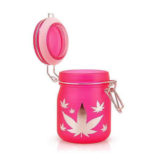 AIRTIGHT GLASS SILVER LEAVES STASH JAR WITH CLAMP LID TWO DIFFERENT SIZES AVAILABLE