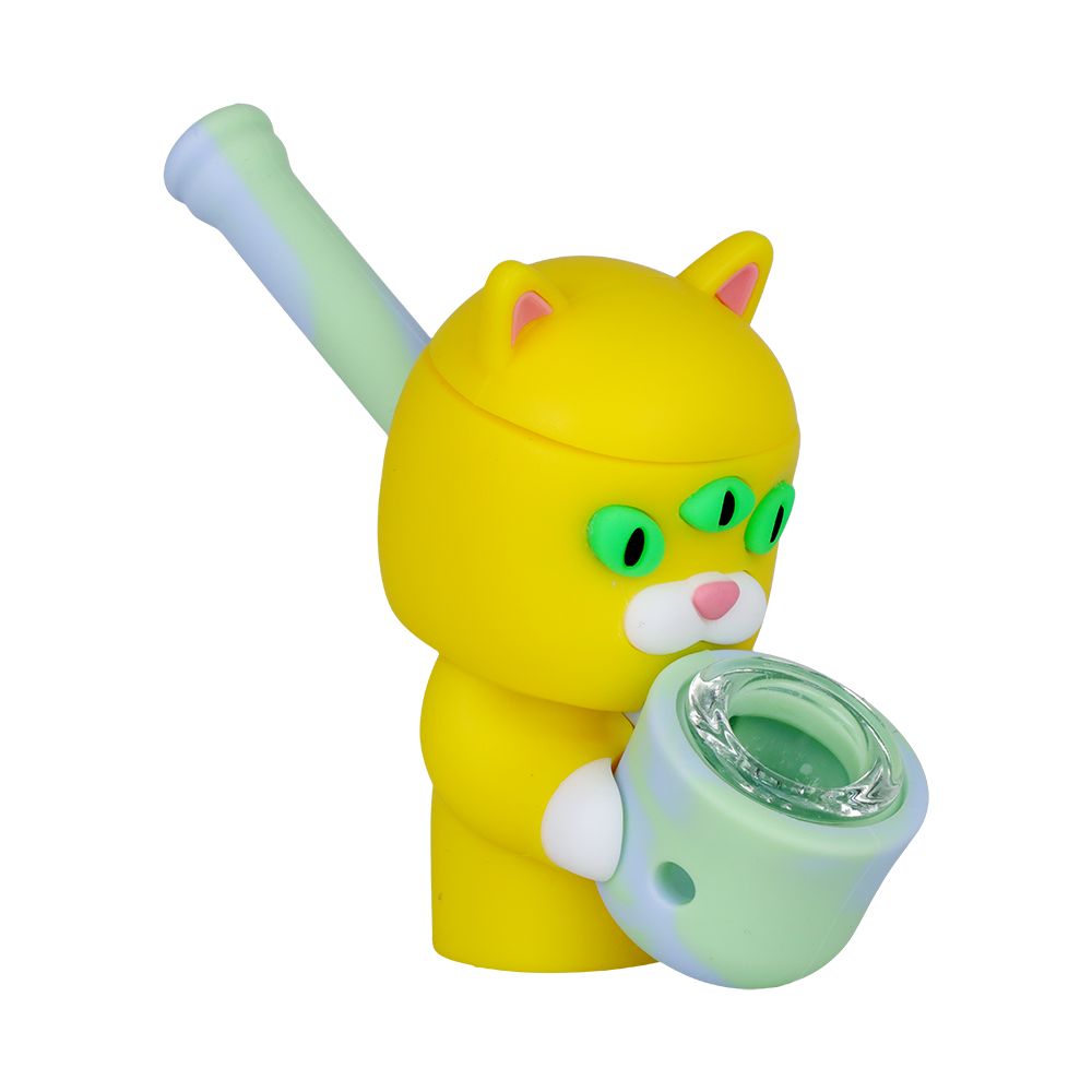 Three-Eyed Cat Secret Stash Silicone Hand Pipe - 4" Eyes Glow In The Dark